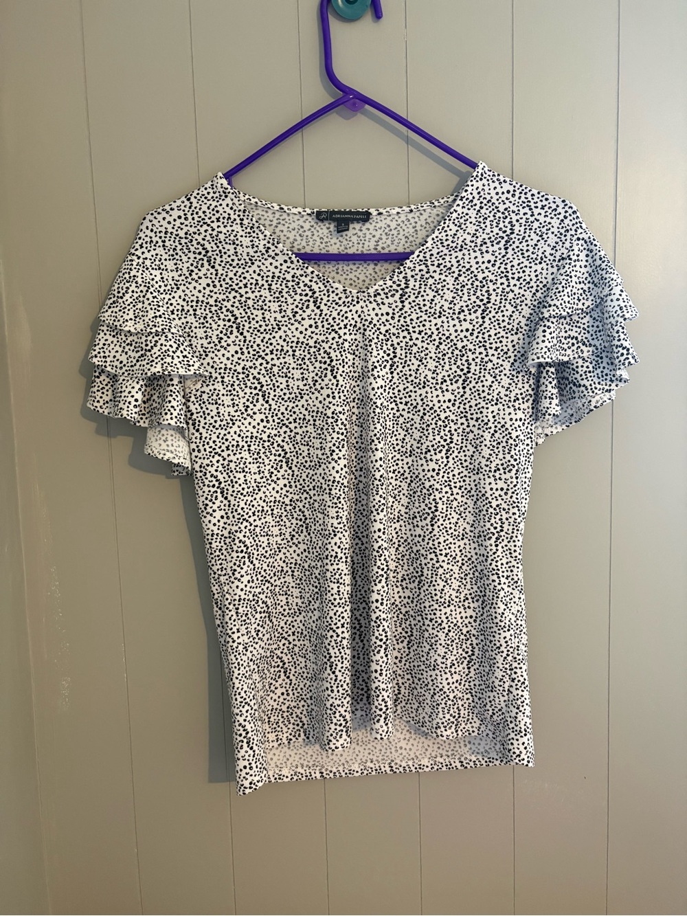 Adrianna Papell White Top with Black Dot Ruffle Sleeves